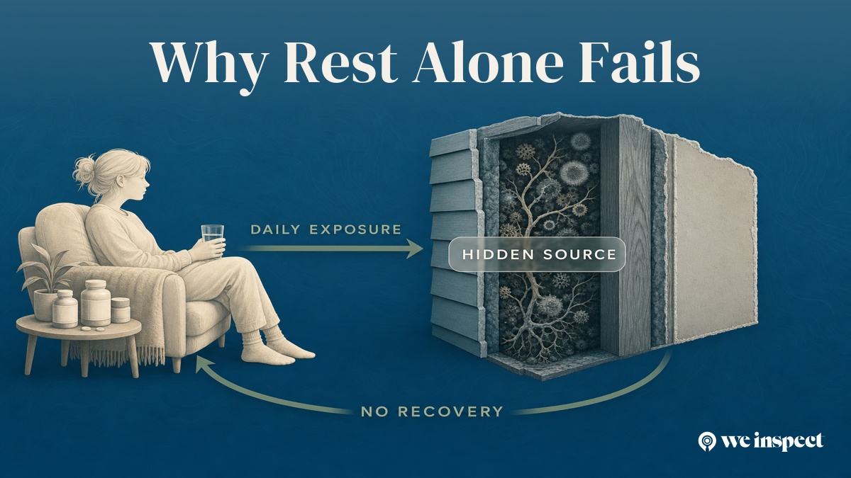 Diagram showing how hidden mold in walls creates a continuous mycotoxin exposure cycle that sleep and supplements cannot interrupt