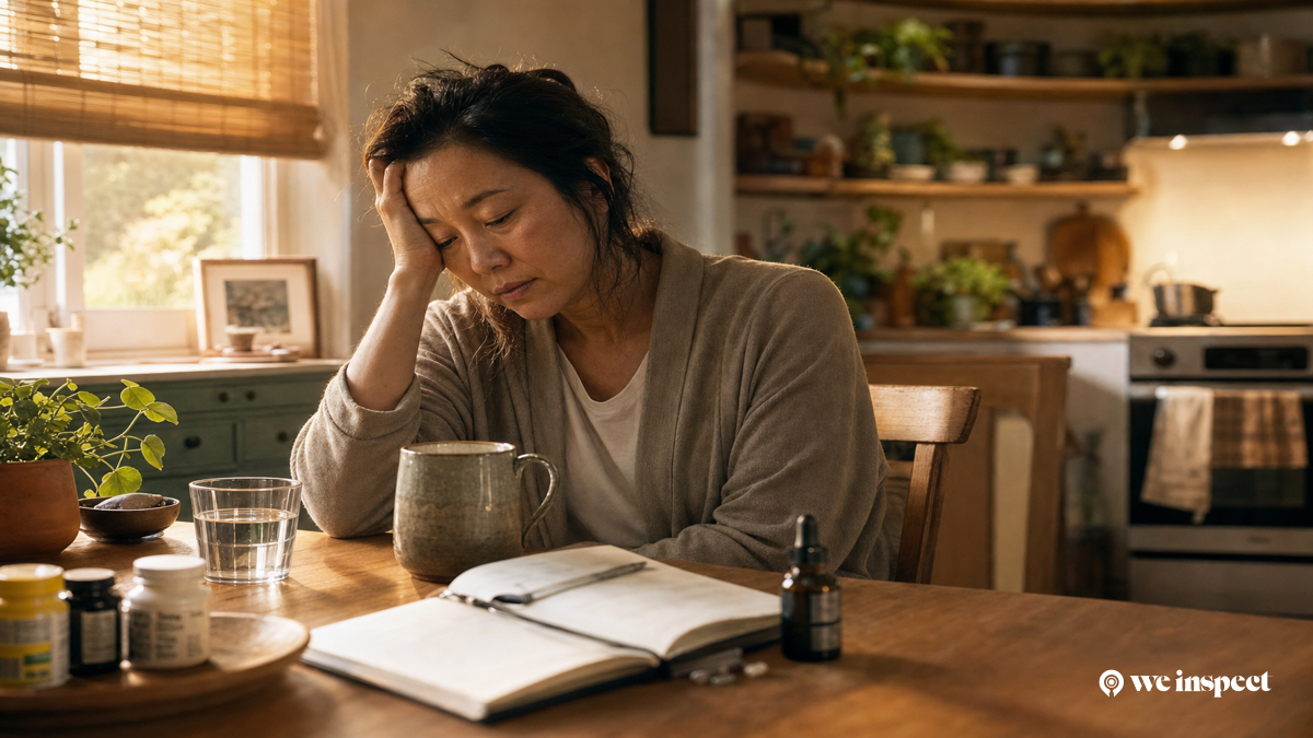 Person sitting exhausted at home in the morning, unable to recover despite rest — representing chronic fatigue driven by hidden environmental exposure